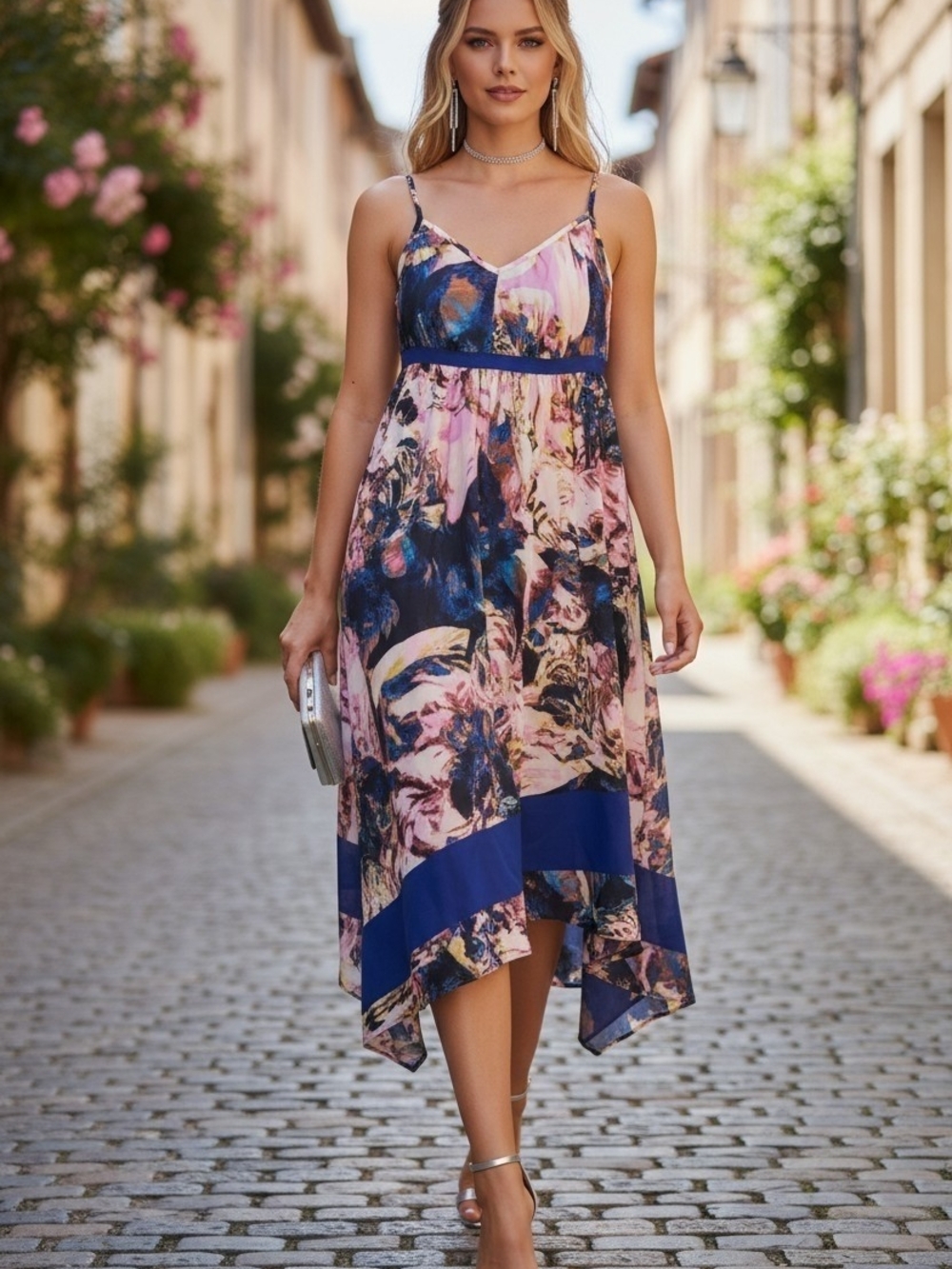 Simply Vera Vera Wang Navy and Pink Floral High-Low Dress